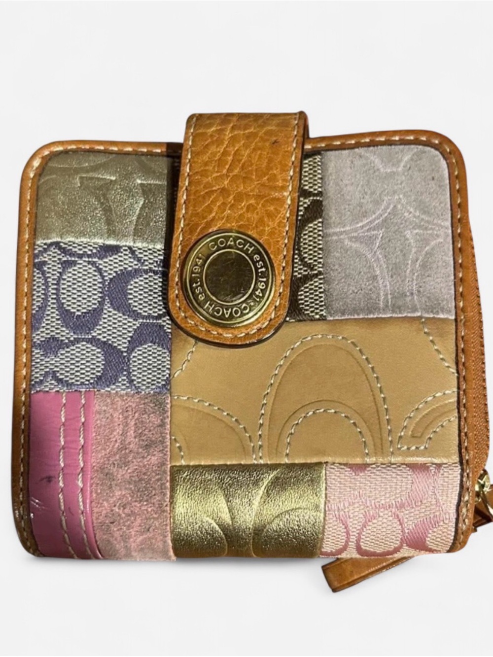 Coach Patchwork Small Zip Wallet in Tan, Pink, Gold, Purple